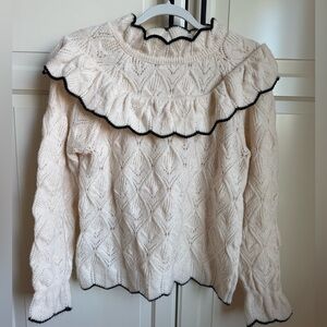 Mango Ruffle Sweater. Cream with Black Trim. Size M.